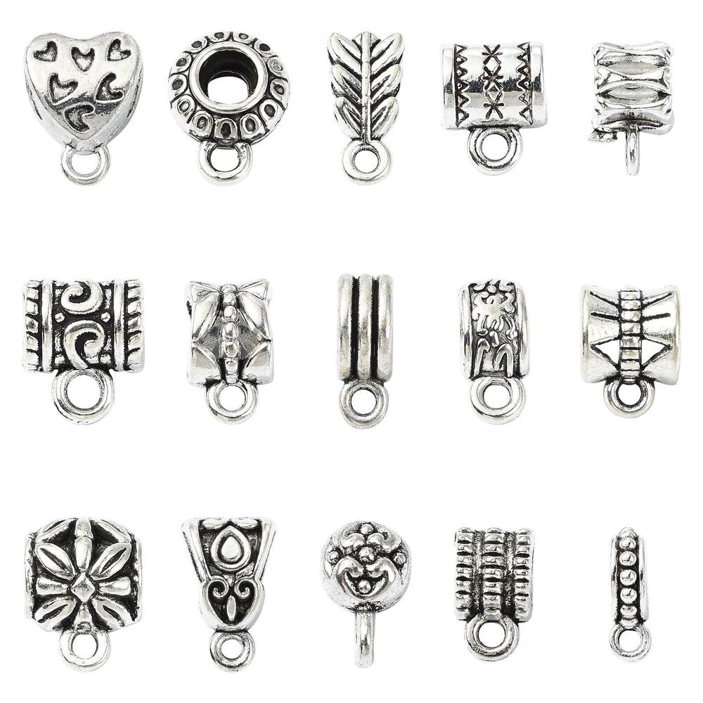 3084 150 pcs 15 Styles Antique Silver Column Tube Alloy Charms Vintage